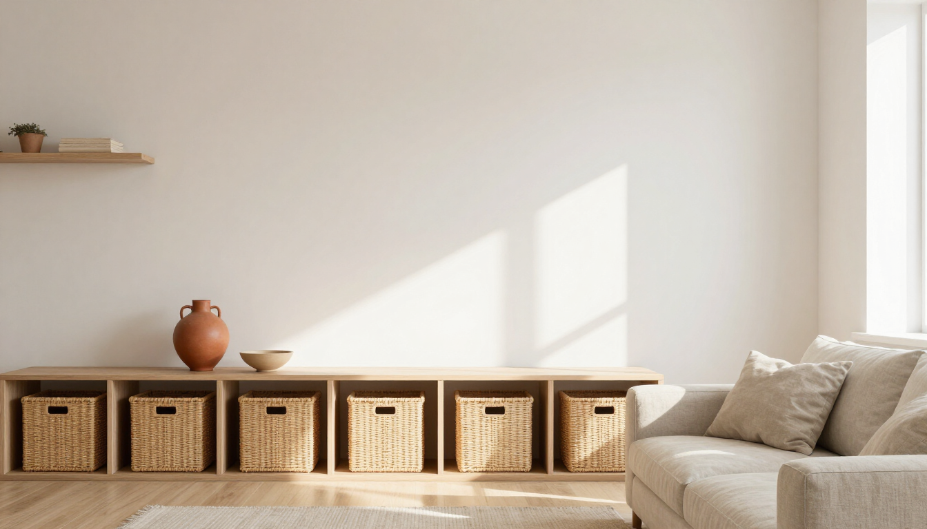 Salón pequeño, luminoso y ordenado con cestas de mimbre y estanterías de roble