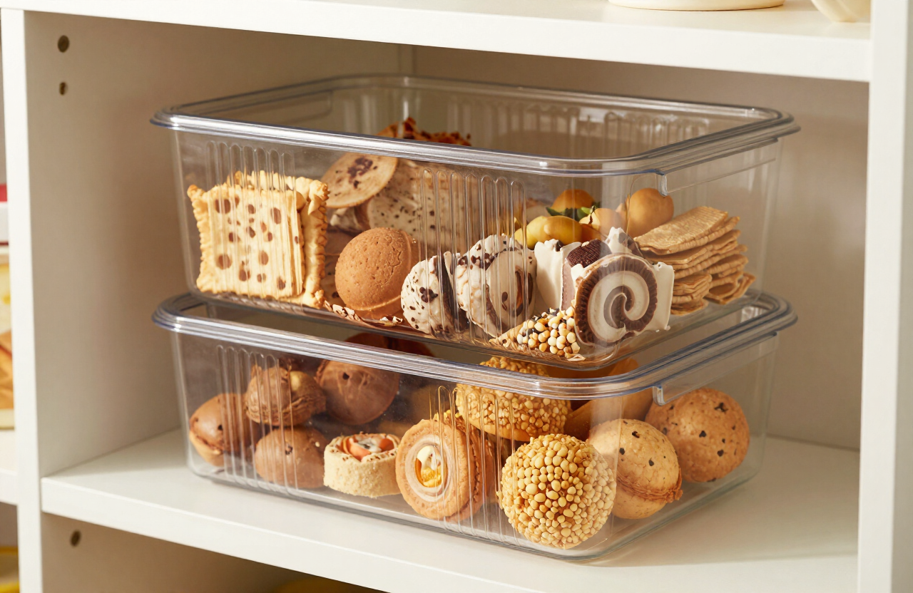 Clear stackable bins on a pantry shelf